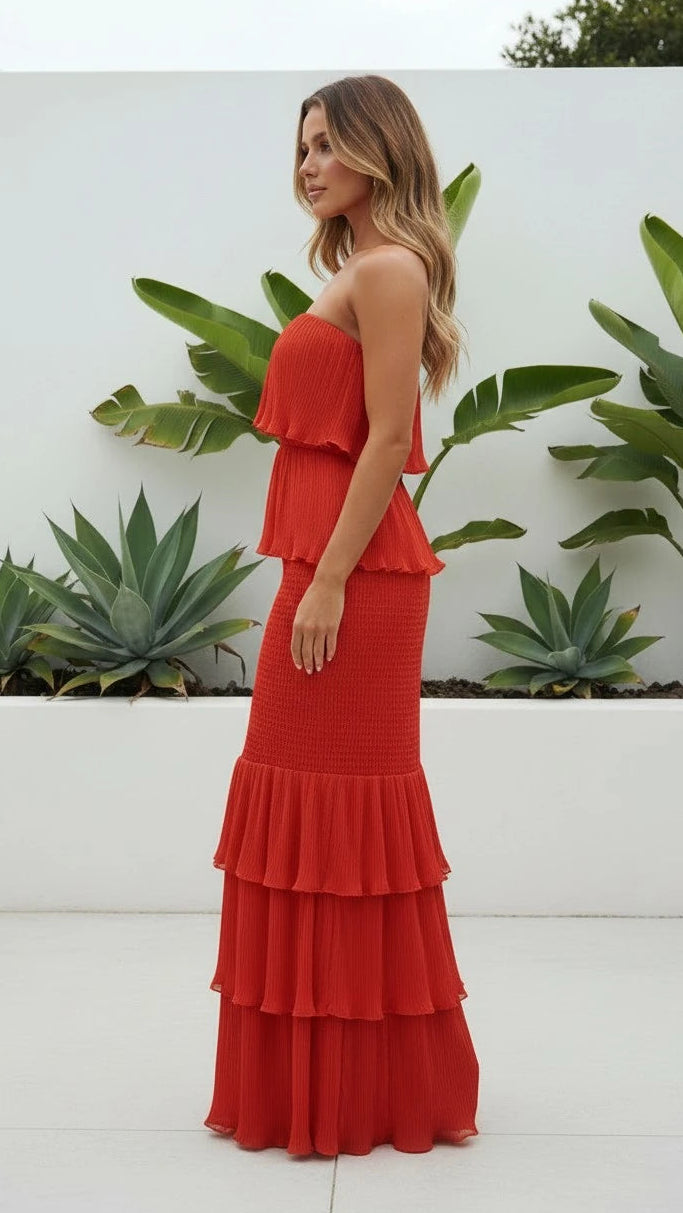 Women's Strapless Pleated Tiered Ruffle Maxi Dress