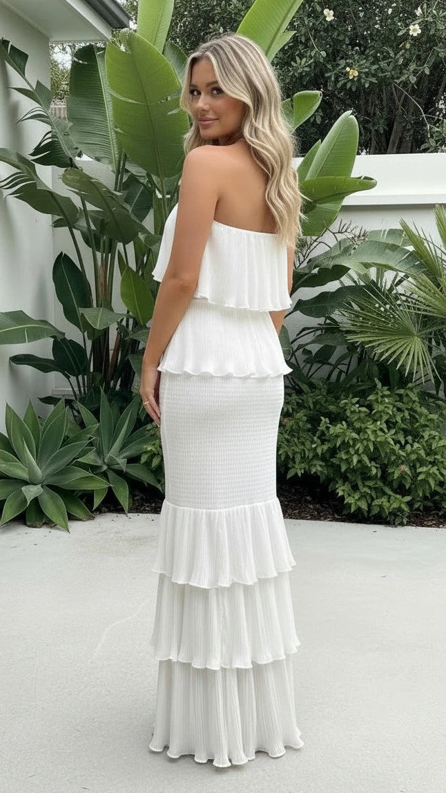 Women's Strapless Pleated Tiered Ruffle Maxi Dress