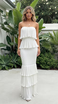 Women's Strapless Pleated Tiered Ruffle Maxi Dress