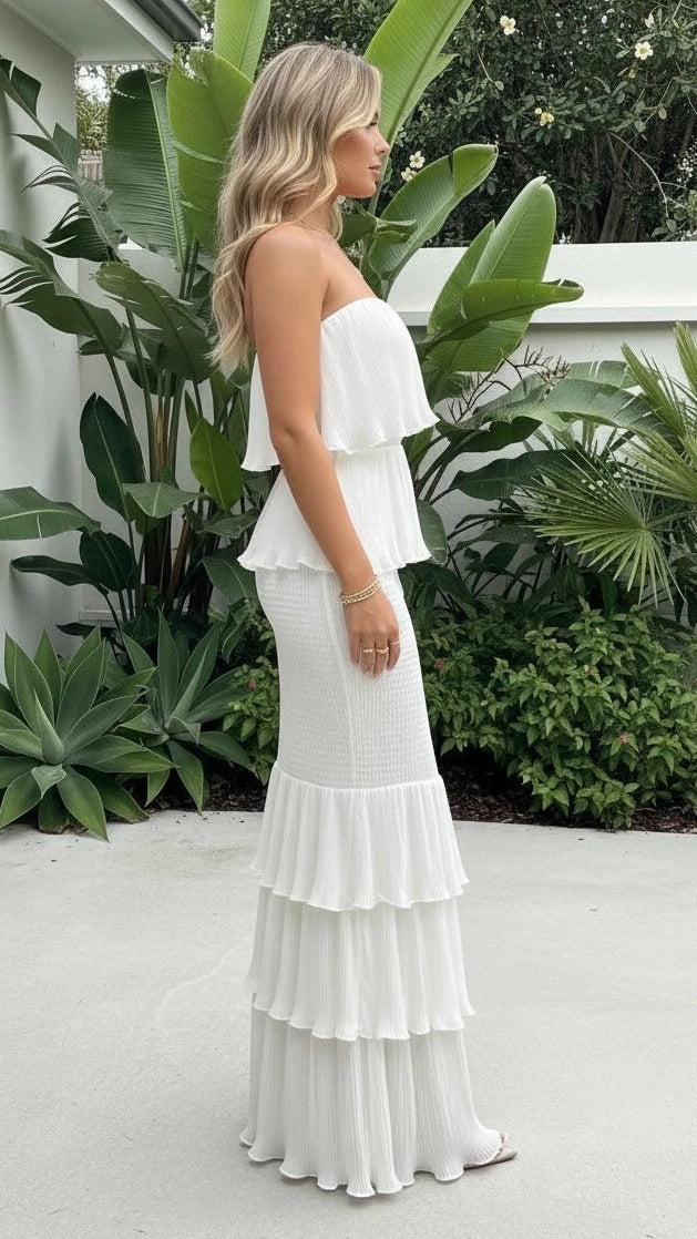 Women's Strapless Pleated Tiered Ruffle Maxi Dress