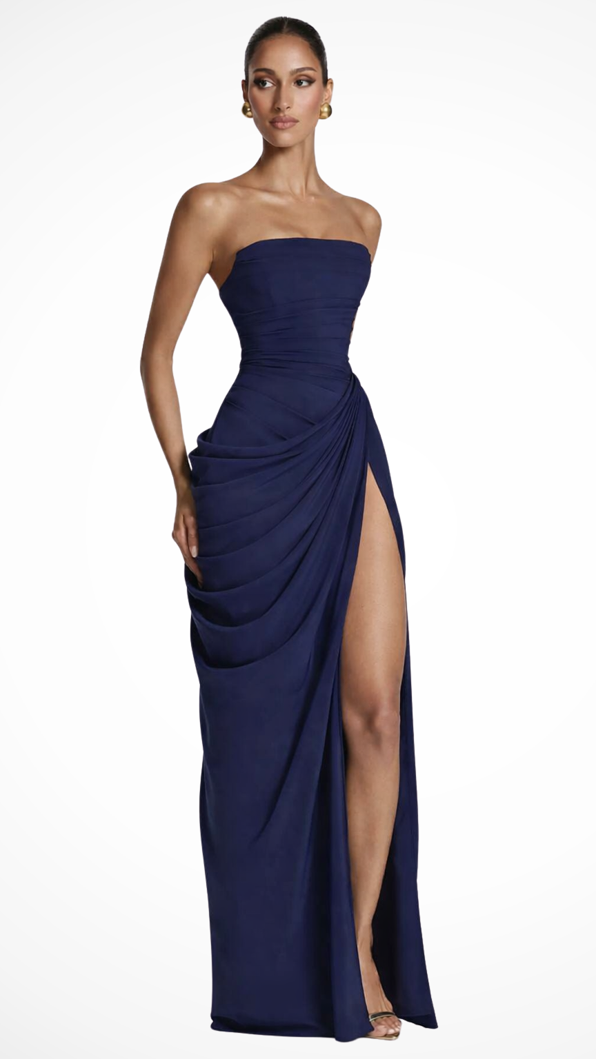 Women's Strapless Ruched Maxi Dress | Draped Side Slit Wedding Guest Dress