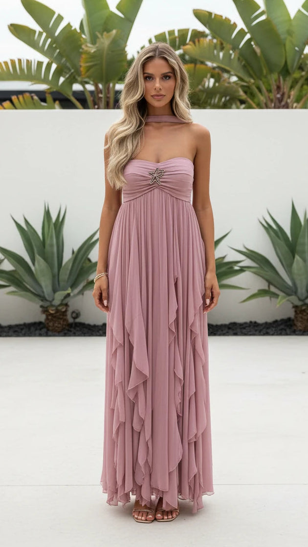strapless ruched ruffle maxi dress in pink Vestido Maxi Fruncido Mabel Strapless - Rosa/Combinado