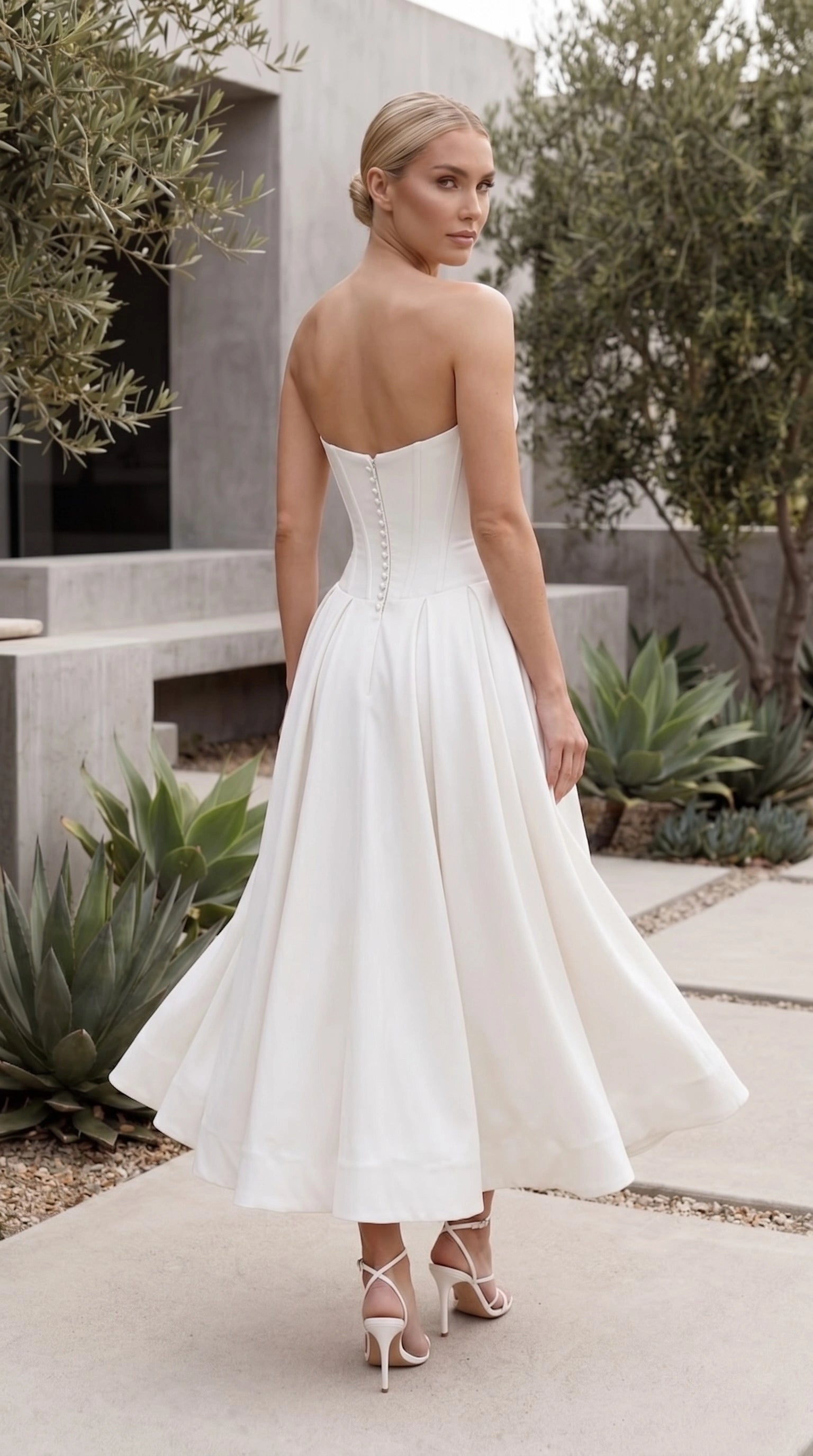 Women’s Strapless Sweetheart Corset Bustier Pleated A Line Midi Dress