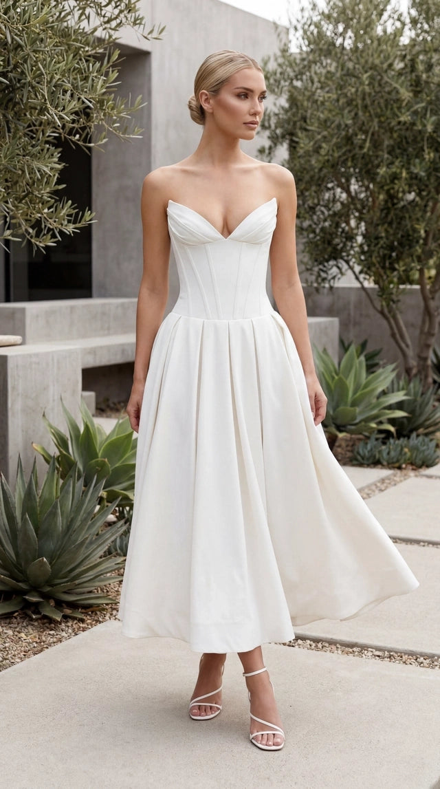 Women’s Strapless Sweetheart Corset Bustier Pleated A Line Midi Dress