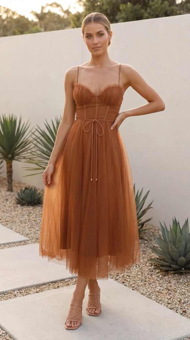 Women’s Spaghetti Strap Sweetheart Neck Tulle Midi Dress