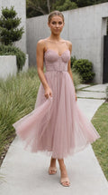Women’s Spaghetti Strap Sweetheart Neck Tulle Midi Dress