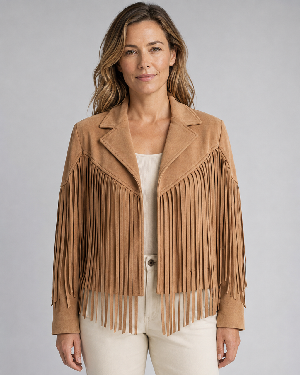 Women's Suede Look Lapel Collar Open Front Fringe Jacket