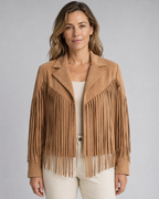 Women's Suede Look Lapel Collar Open Front Fringe Jacket