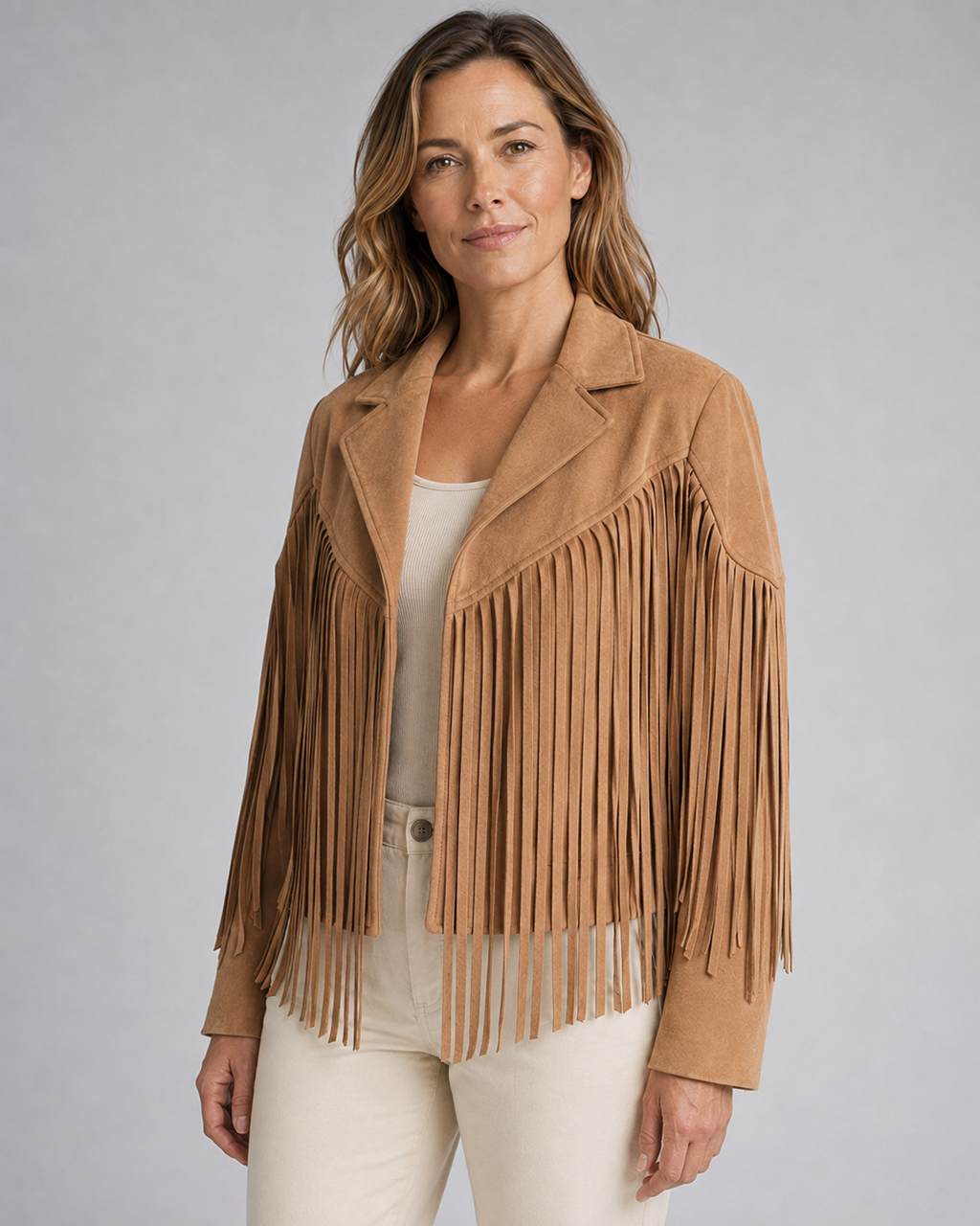 Women's Suede Look Lapel Collar Open Front Fringe Jacket