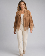 Women's Suede Look Lapel Collar Open Front Fringe Jacket