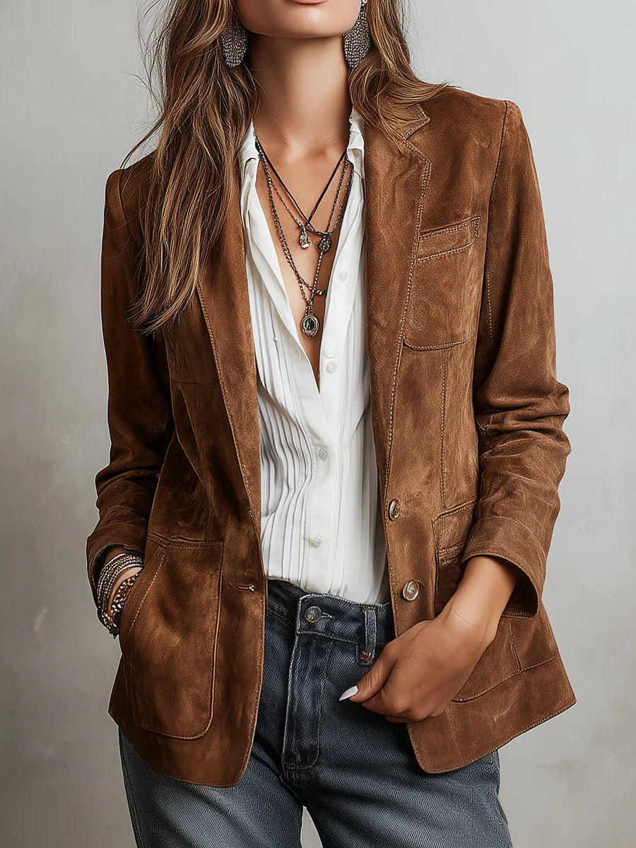 Women's Suede Look Jacket | Notch Lapel Blazer with Patch Pockets
