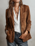 Women's Suede Look Jacket | Notch Lapel Blazer with Patch Pockets
