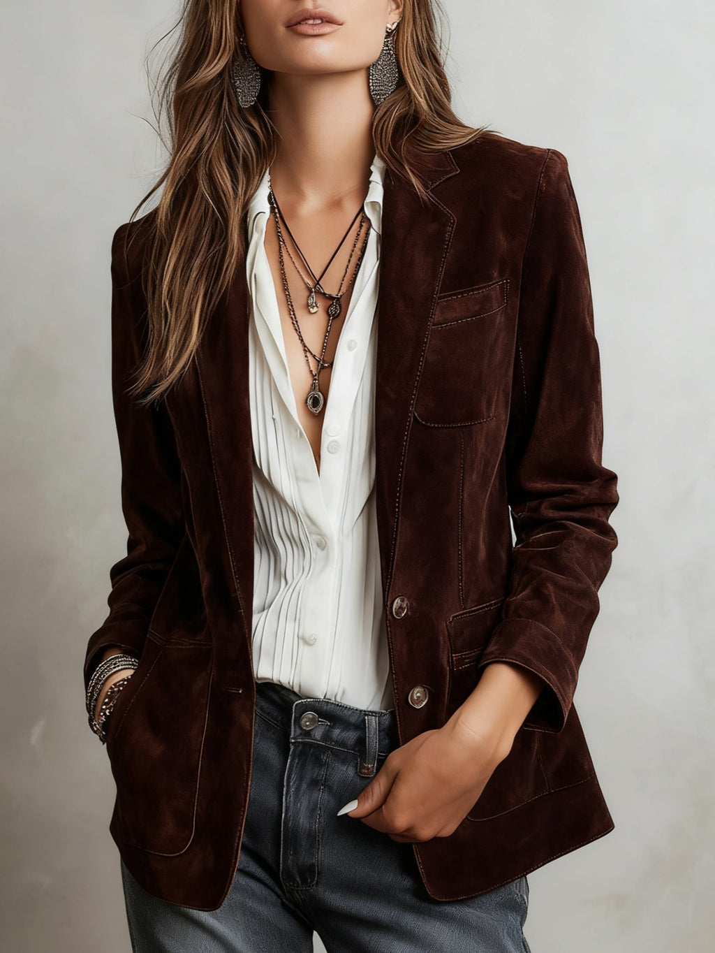 Women's Suede Look Jacket | Notch Lapel Blazer with Patch Pockets