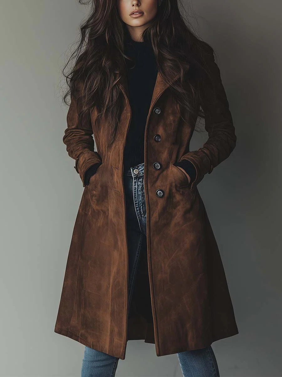 Women's Suede Look Trench Coat | Classic Vintage Longline Winter Coat 1