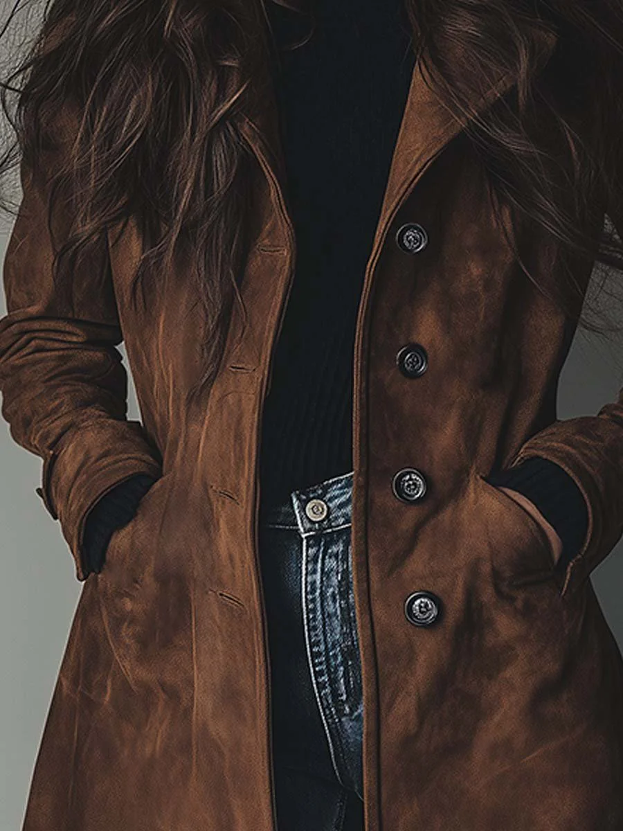 Women's Suede Look Trench Coat | Classic Vintage Longline Winter Coat 3