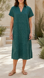 Women's Printed Collared Short Sleeve Flowy Midi Dress