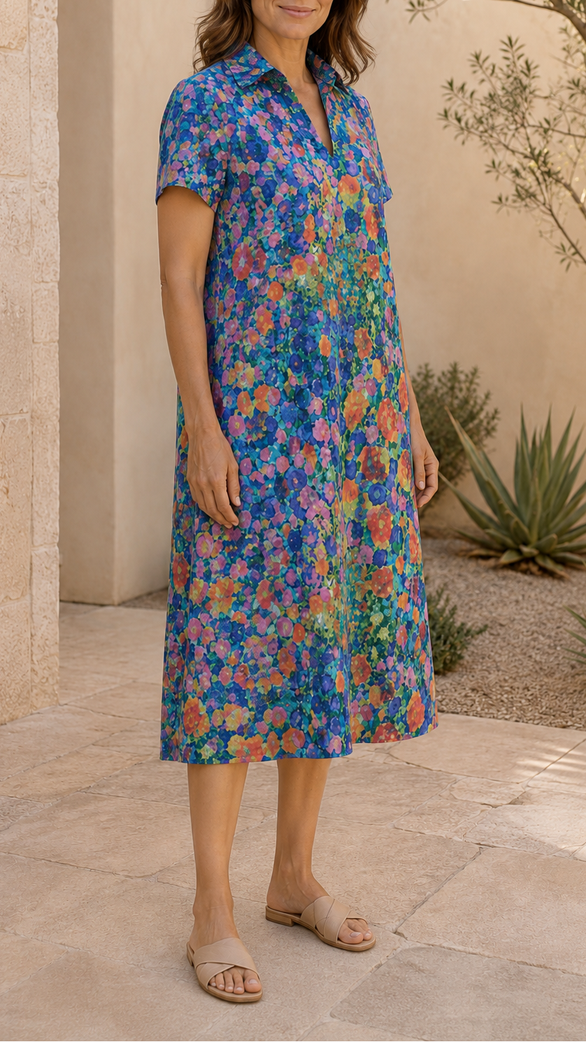 Women's Printed Collared Short Sleeve Flowy Midi Dress