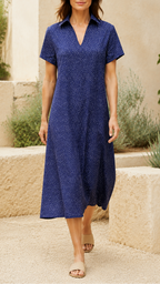 Women's Printed Collared Short Sleeve Flowy Midi Dress