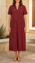 Women's Printed Collared Short Sleeve Flowy Midi Dress