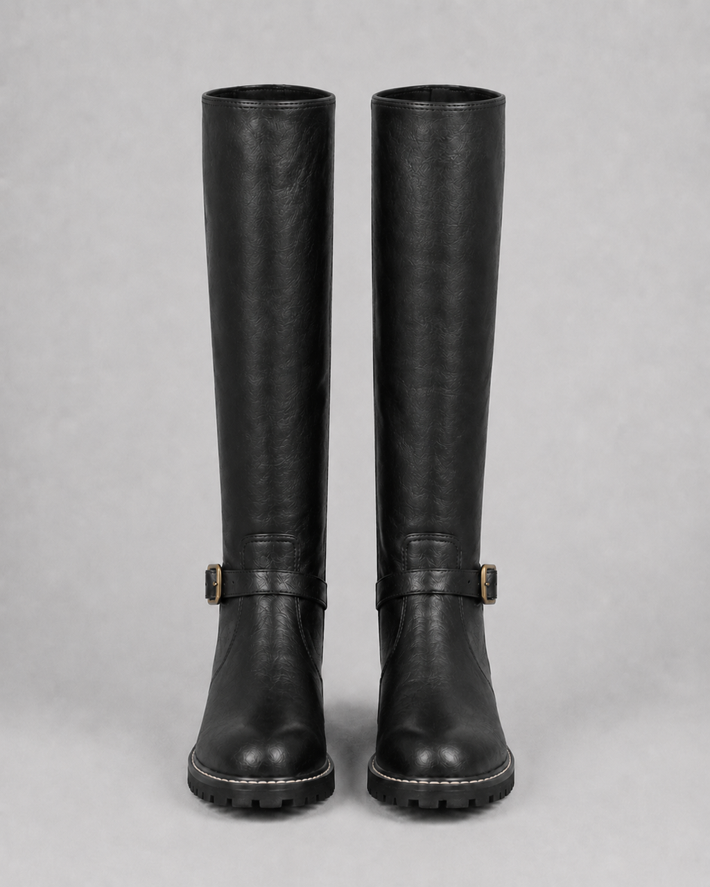 Women's Knee High Comfort Boots | Buckle Faux Leather Block Heel Boot