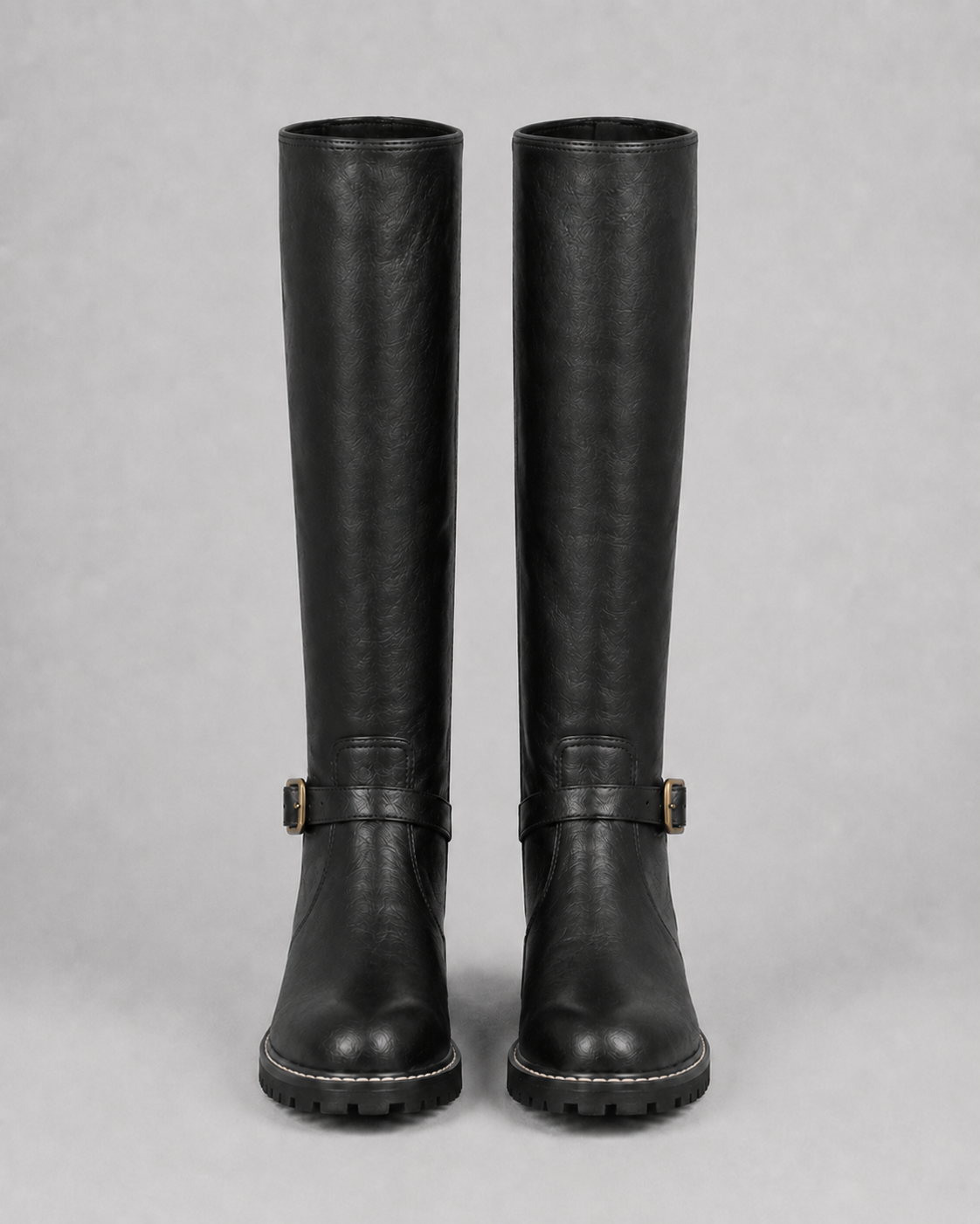 Women's Knee High Comfort Boots | Buckle Faux Leather Block Heel Boot