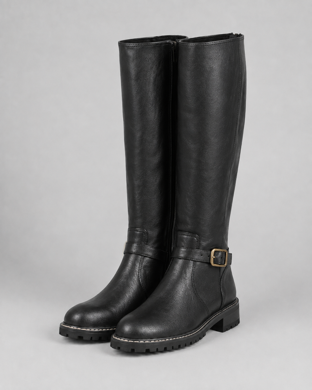 Women's Knee High Comfort Boots | Buckle Faux Leather Block Heel Boot
