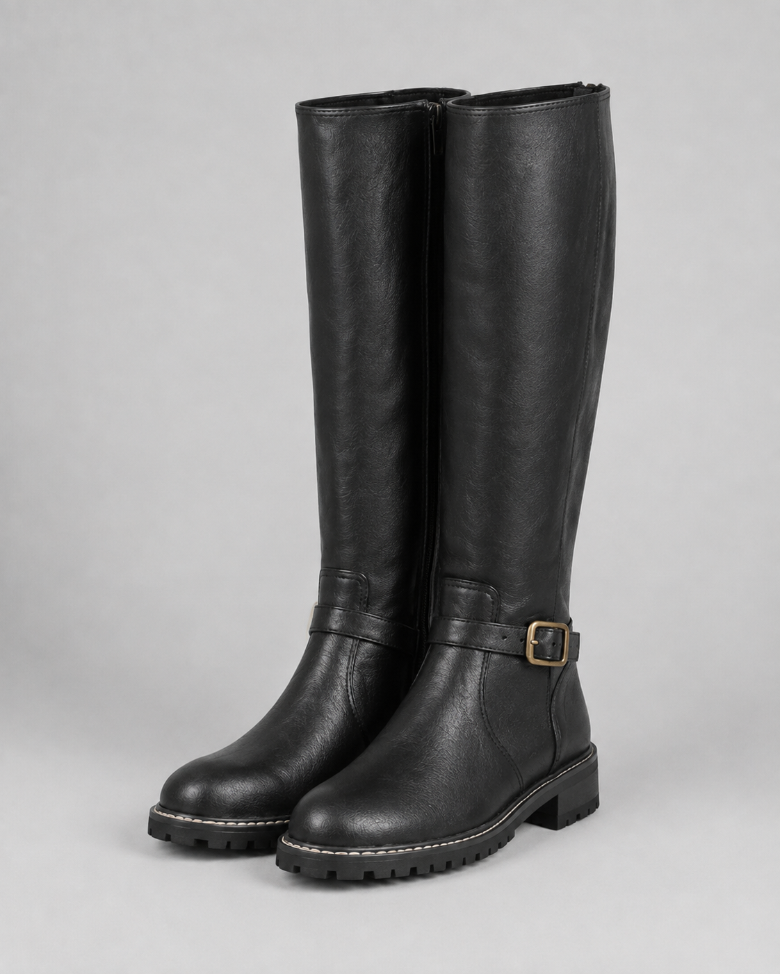 Women's Knee High Comfort Boots | Buckle Faux Leather Block Heel Boot