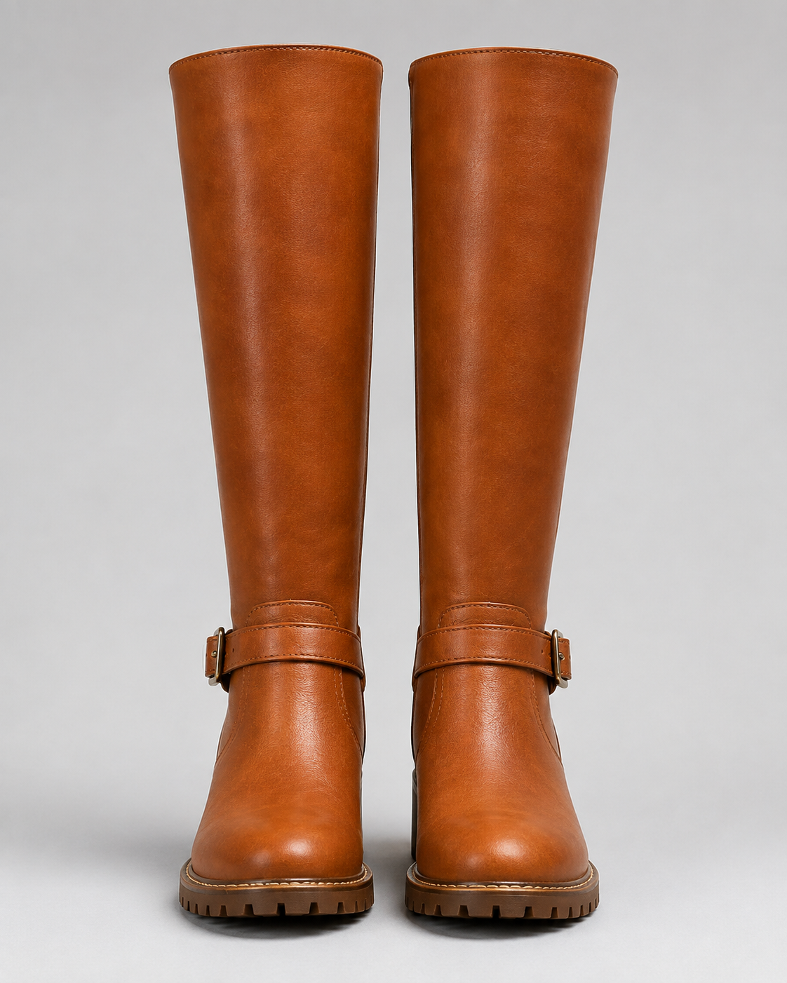 Women's Knee High Comfort Boots | Buckle Faux Leather Block Heel Boot