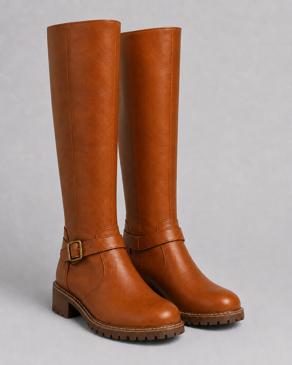 Women's Knee High Comfort Boots | Buckle Faux Leather Block Heel Boot