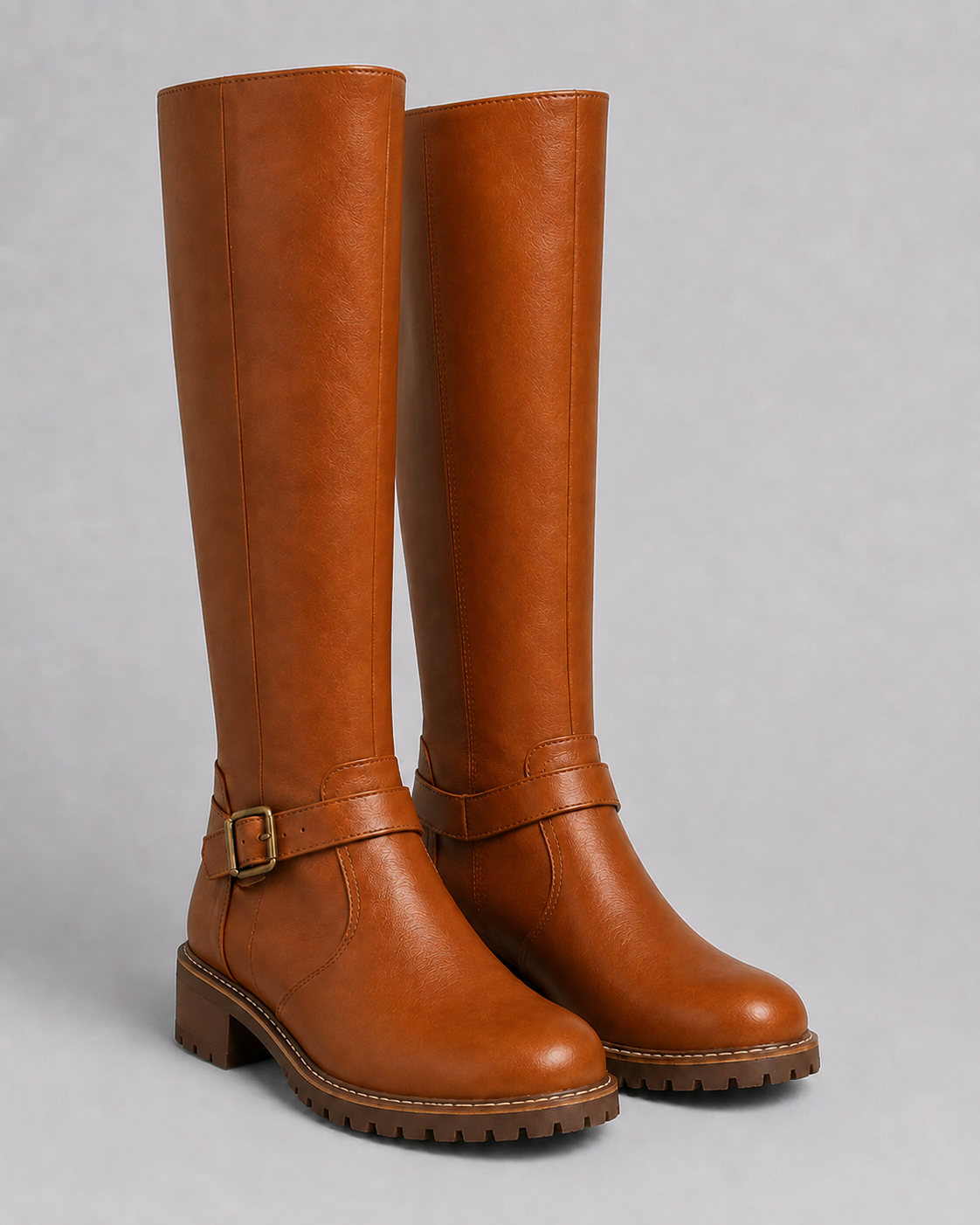 Women's Knee High Comfort Boots | Buckle Faux Leather Block Heel Boot