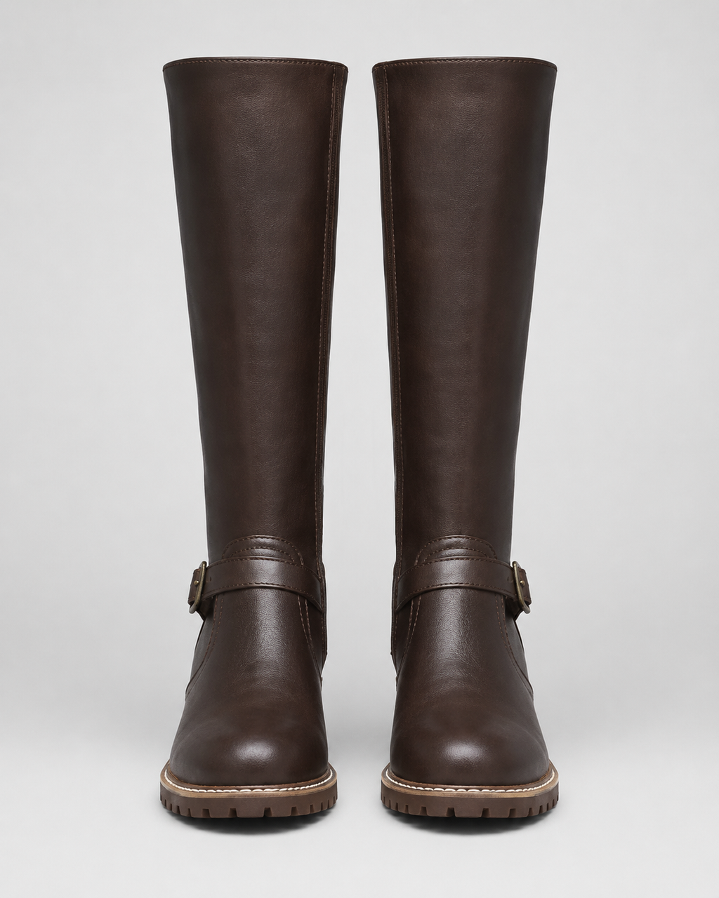 Women's Knee High Comfort Boots | Buckle Faux Leather Block Heel Boot
