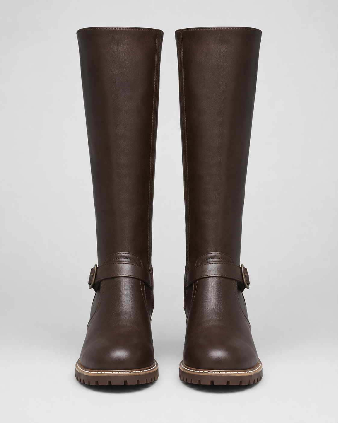 Women's Knee High Comfort Boots | Buckle Faux Leather Block Heel Boot
