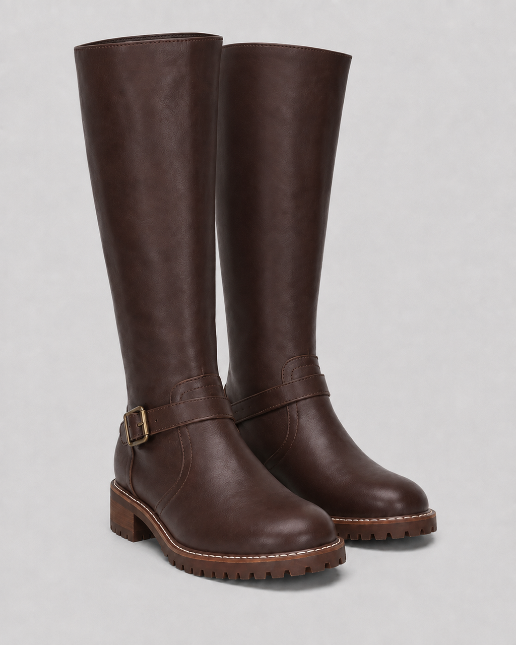 Women's Knee High Comfort Boots | Buckle Faux Leather Block Heel Boot