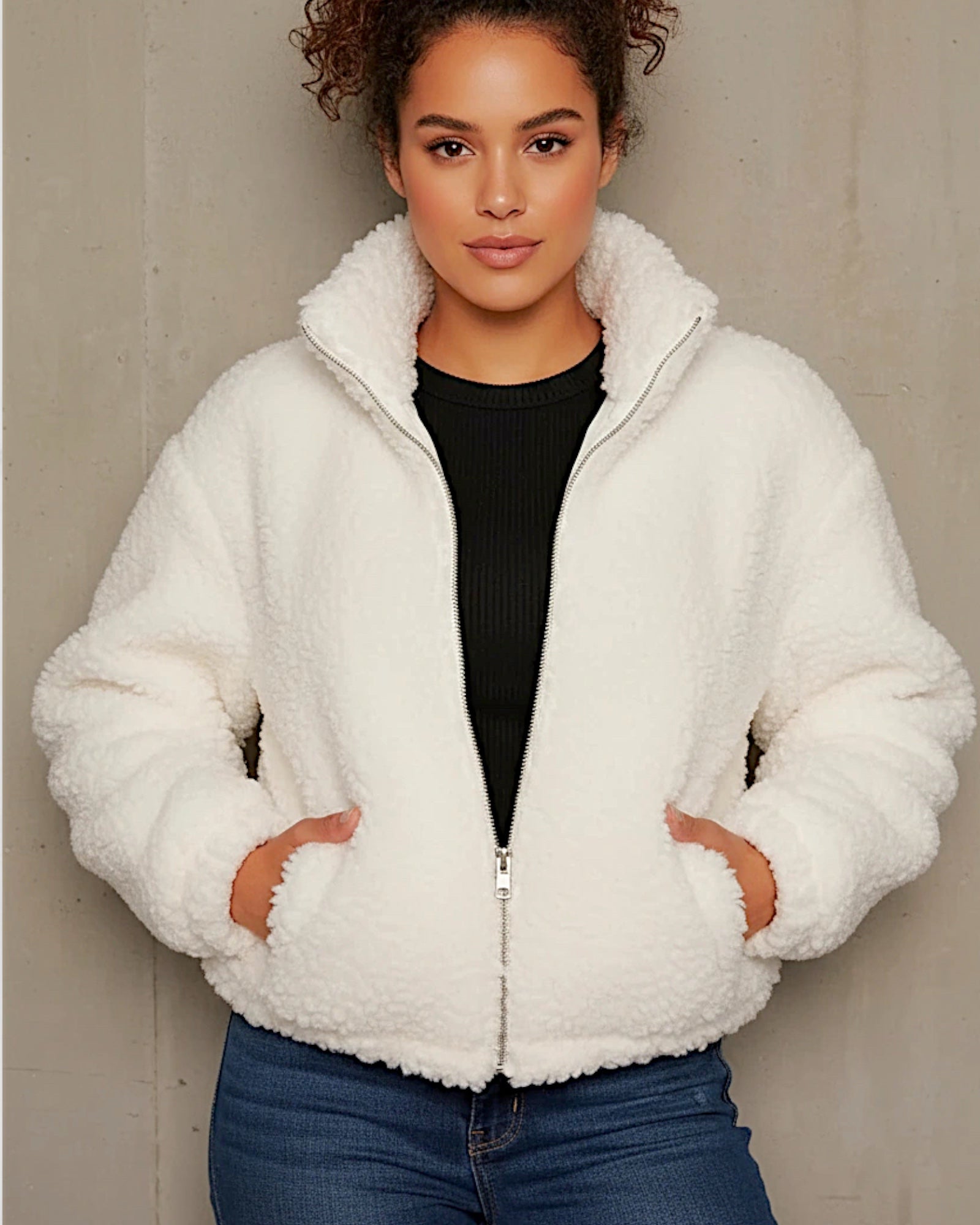 Women's Teddy Bomber Jacket White 1