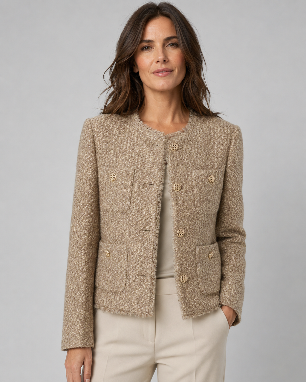 Women's Tweed Boucle Jacket | Collarless Button Up Cropped Blazer