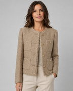 Women's Tweed Boucle Jacket | Collarless Button Up Cropped Blazer
