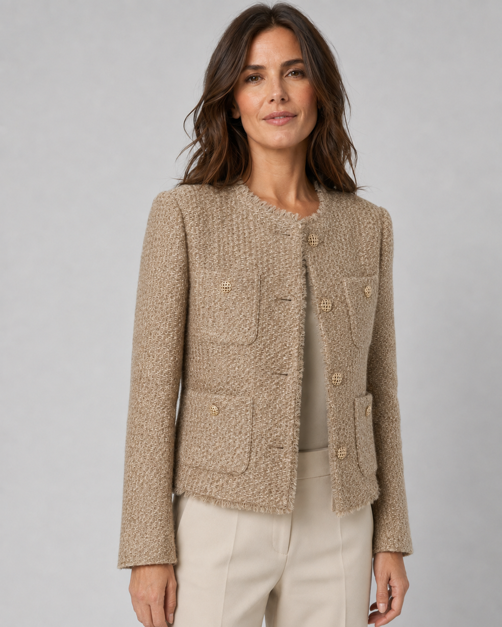 Women's Tweed Boucle Jacket | Collarless Button Up Cropped Blazer