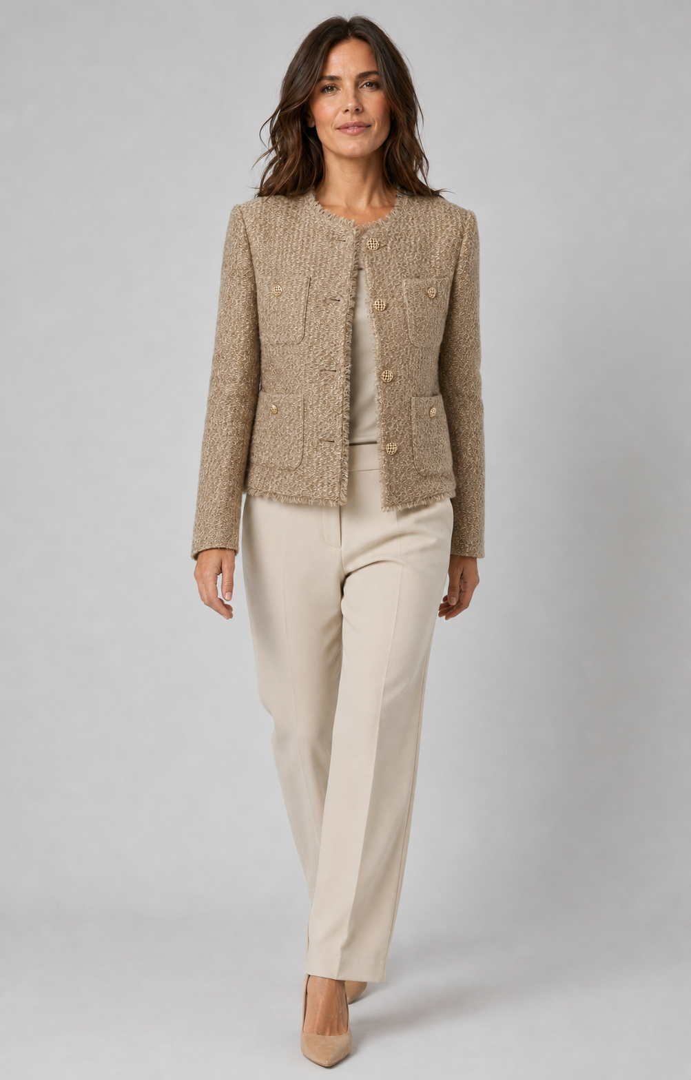 Women's Tweed Boucle Jacket | Collarless Button Up Cropped Blazer