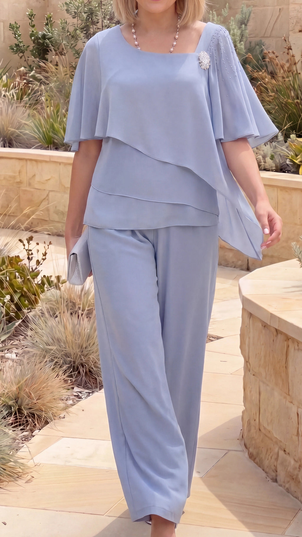 Women's Chiffon Two Piece Set | Layered Flutter Sleeve Top & Trouser Co Ord