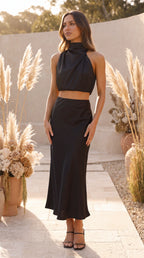 Women's Two Piece Set | Satin High Neck Top Draped Maxi Skirt Co-ord