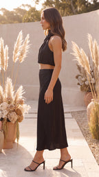 Women's Two Piece Set | Satin High Neck Top Draped Maxi Skirt Co-ord