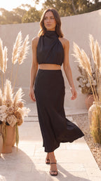 Women's Two Piece Set | Satin High Neck Top Draped Maxi Skirt Co-ord