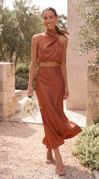 Women's Two Piece Set | Satin High Neck Top Draped Maxi Skirt Co-ord