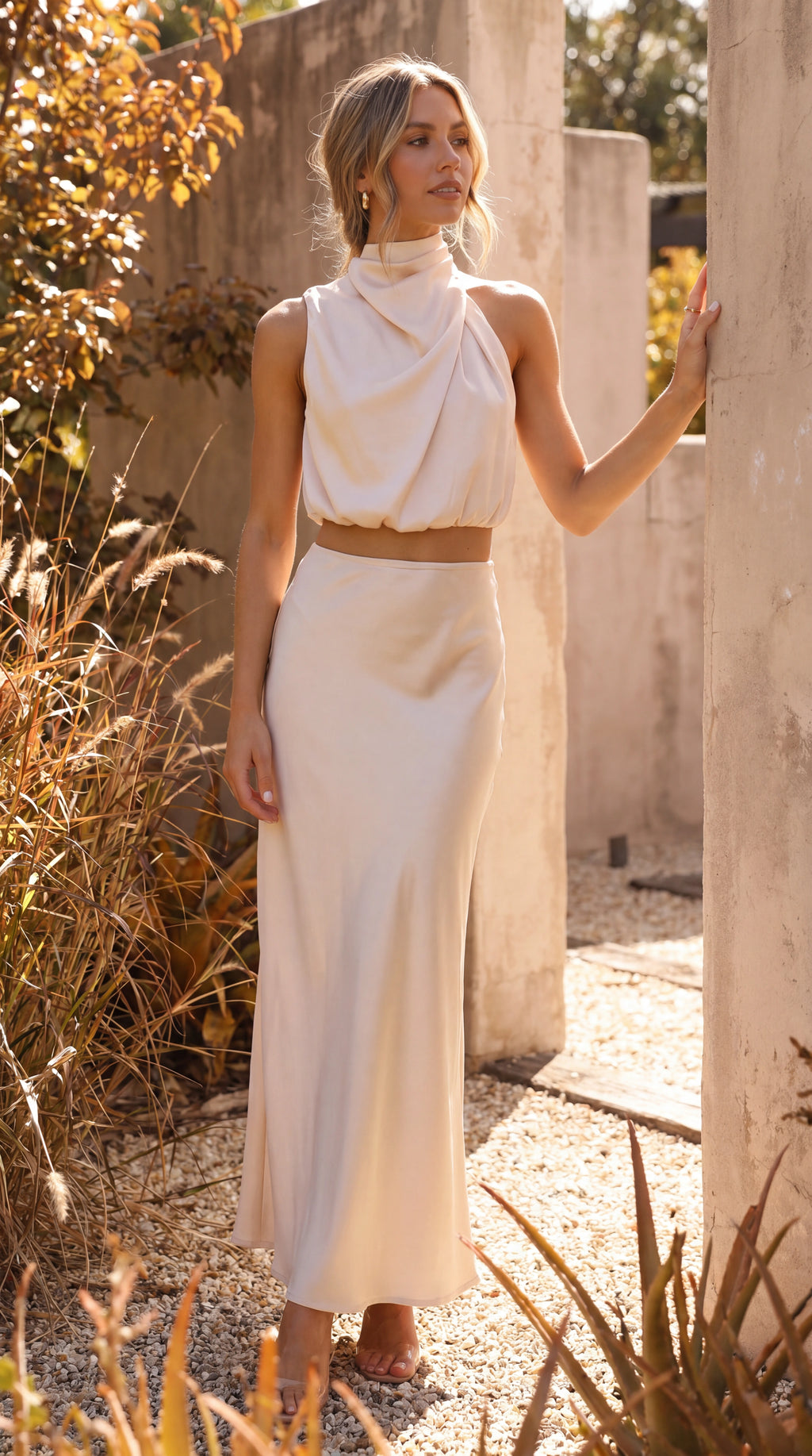Women's Two Piece Set | Satin High Neck Top Draped Maxi Skirt Co-ord