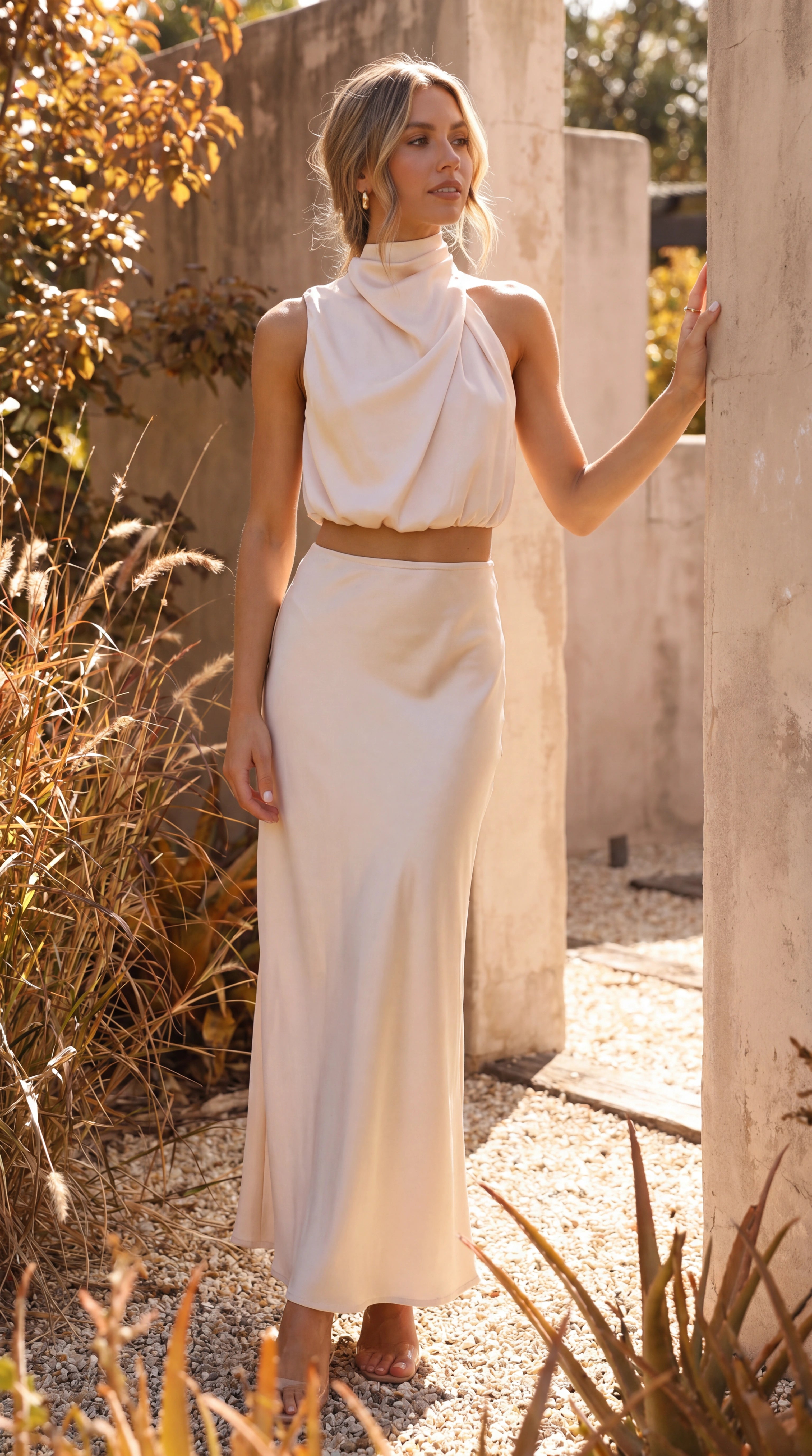 Women's Two Piece Set | Satin High Neck Top Draped Maxi Skirt Co-ord
