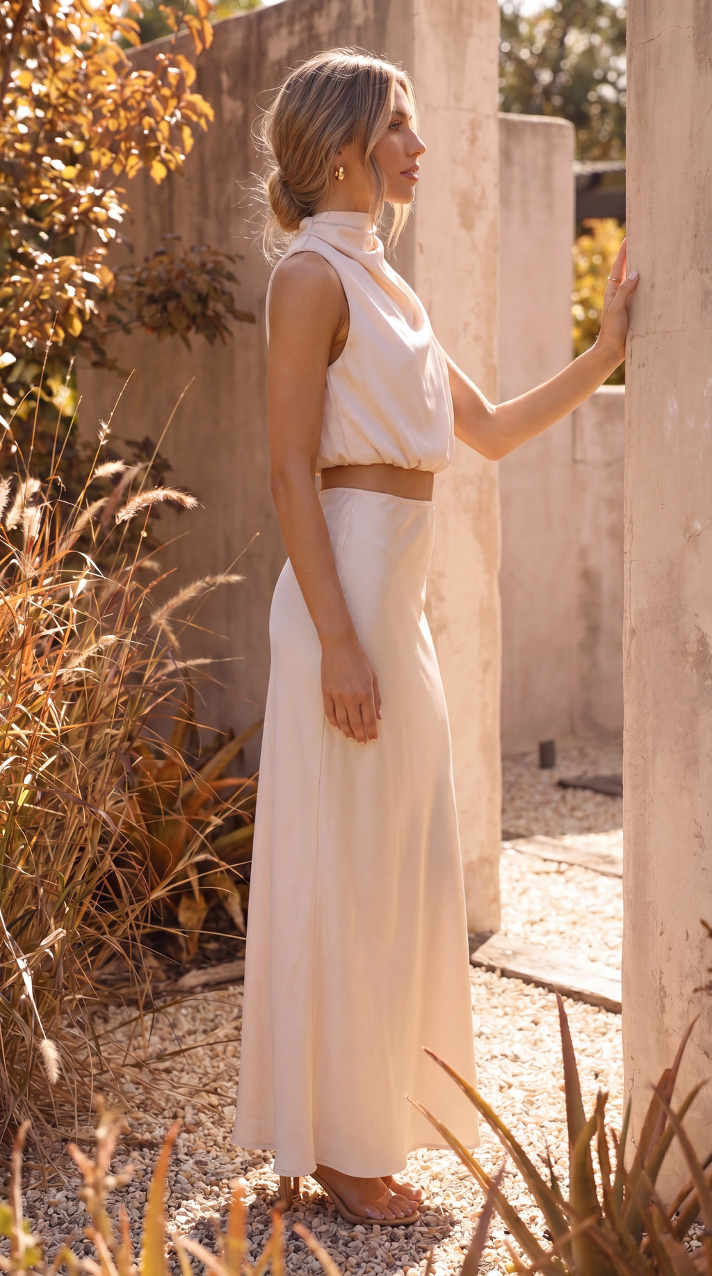 Women's Two Piece Set | Satin High Neck Top Draped Maxi Skirt Co-ord
