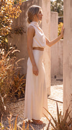 Women's Two Piece Set | Satin High Neck Top Draped Maxi Skirt Co-ord
