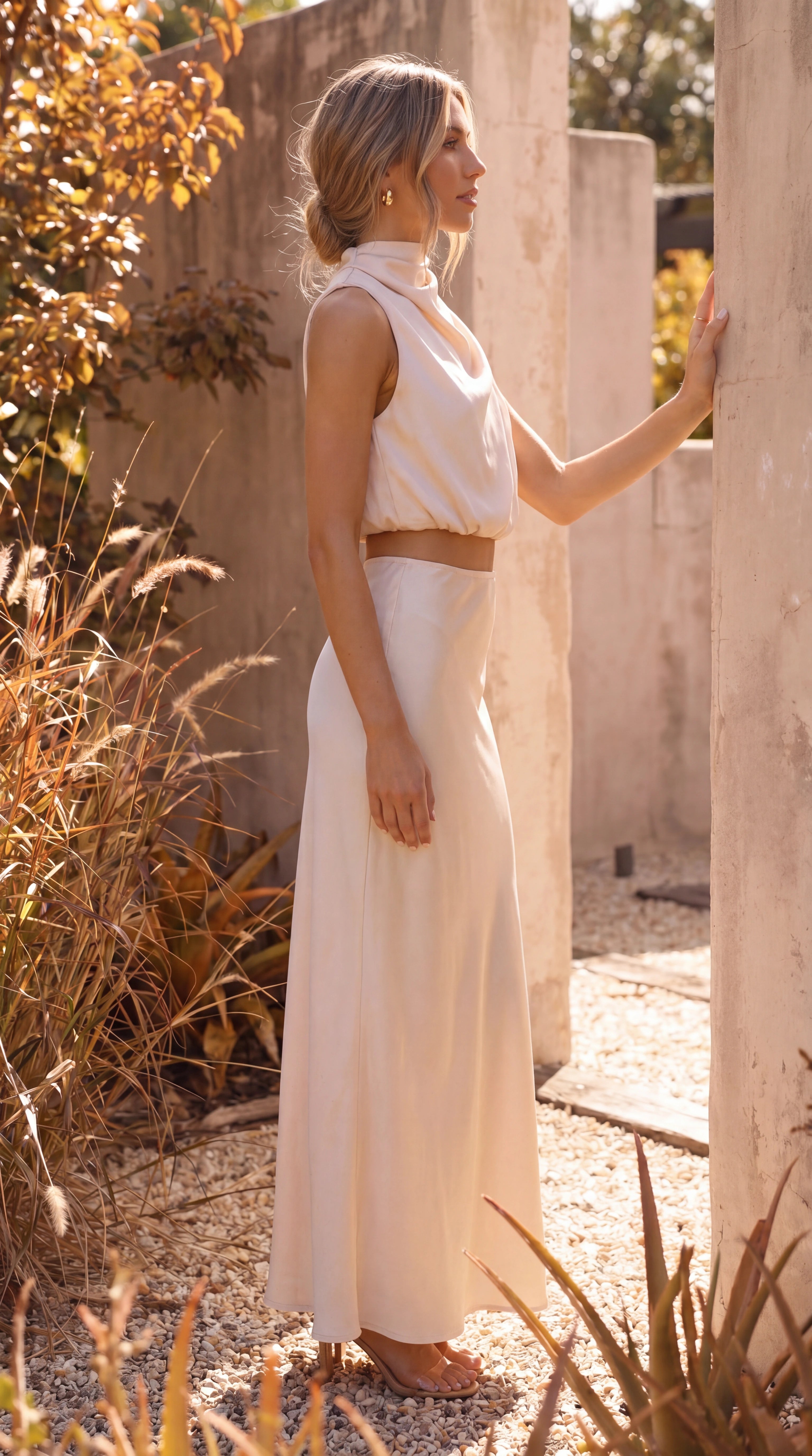 Women's Two Piece Set | Satin High Neck Top Draped Maxi Skirt Co-ord