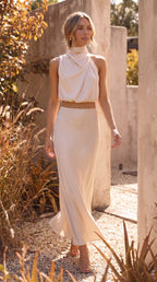 Women's Two Piece Set | Satin High Neck Top Draped Maxi Skirt Co-ord