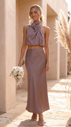 Women's Two Piece Set | Satin High Neck Top Draped Maxi Skirt Co-ord